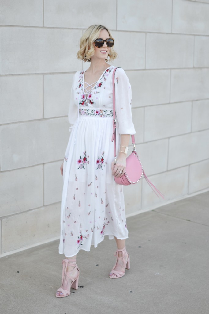 lace up floral maxi dress, pink suede lace up shoes, pink saddle bag, summer outfit, summer dresses