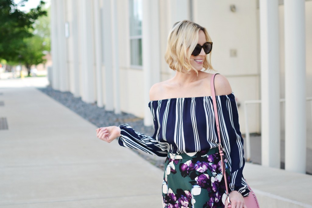 A classic mix of floral and stripes changed up a little by adding a trendy off the shoulder top and pink accents
