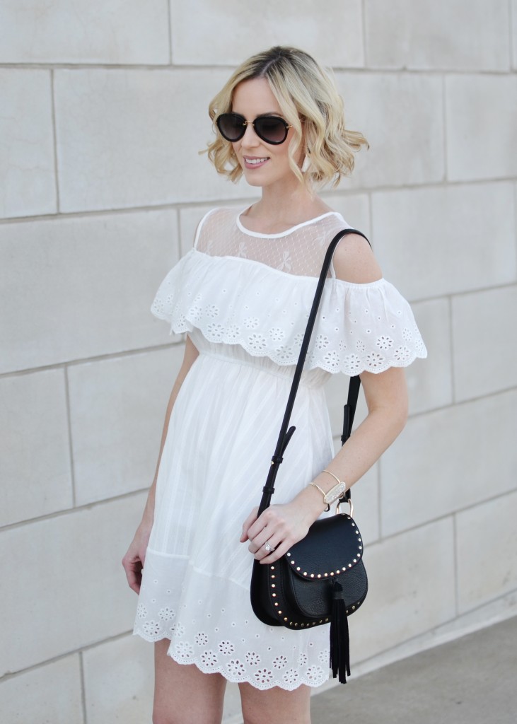 cold shoulder white mini dress, Chloe dupe bag, black lace up heels, straw hat, summer outfit idea, summer dress