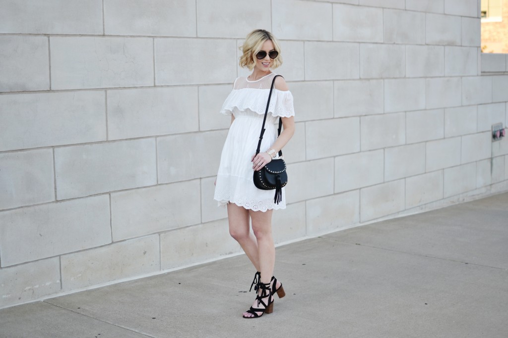 cold shoulder white mini dress, Chloe dupe bag, black lace up heels, straw hat, summer outfit idea, summer dress