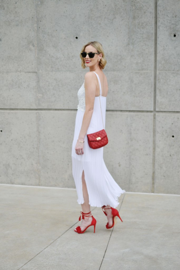 French connection white pleated maxi dress, ref lace up fringe heels, red bag