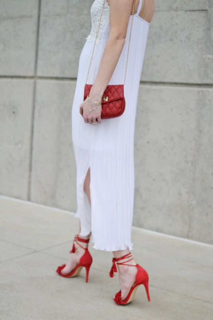 French connection white pleated maxi dress, ref lace up fringe heels, red bag