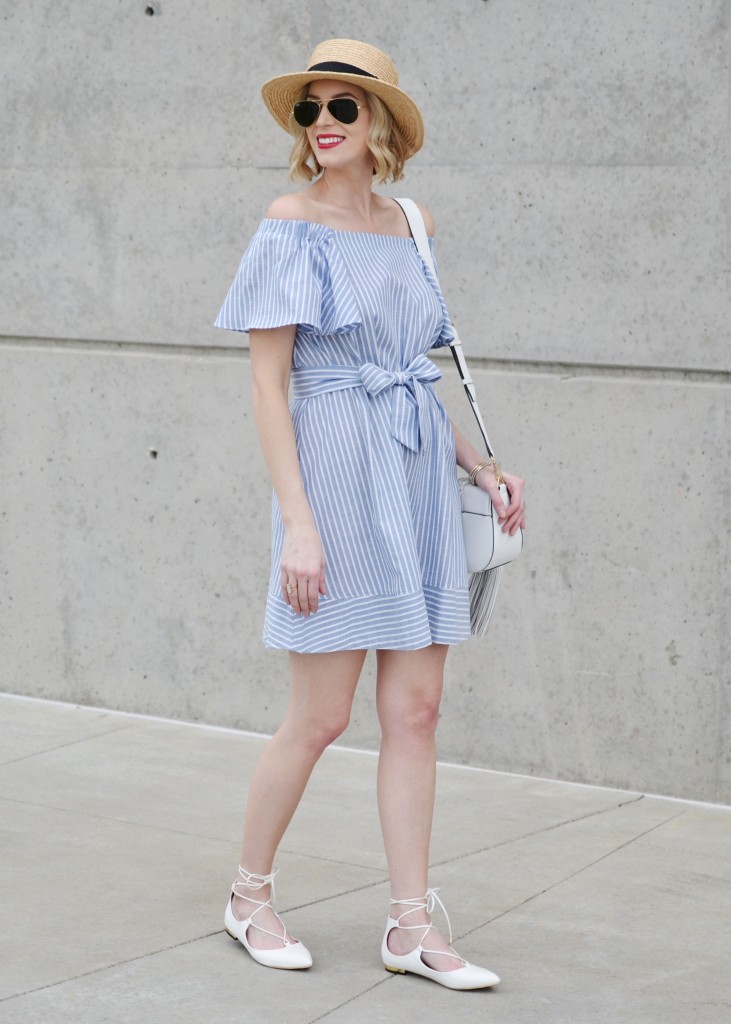 blue and white striped off the shoulder dress, white lace up flats, white tassel bag, straw hat, red lip
