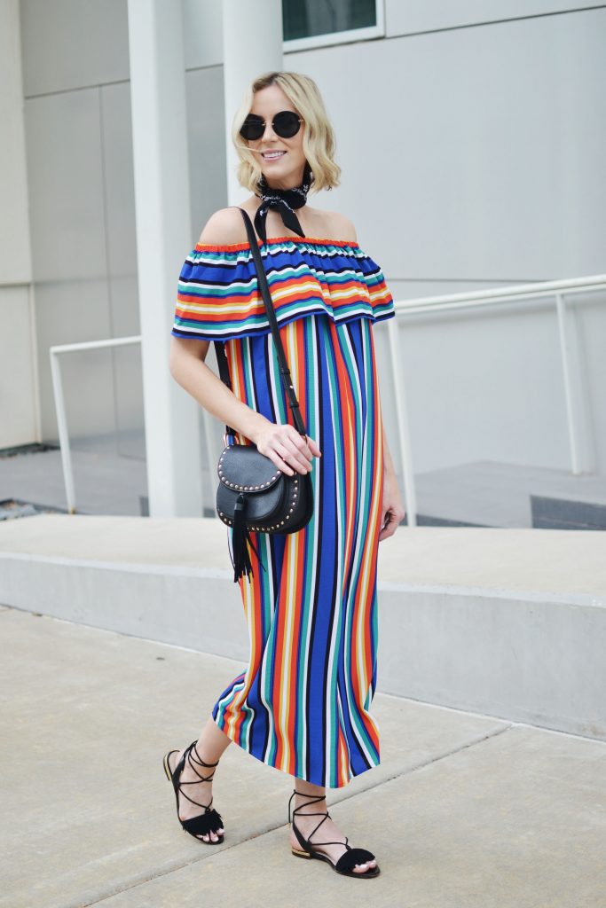 colorful OTS dress with black bandana, lace up sandals