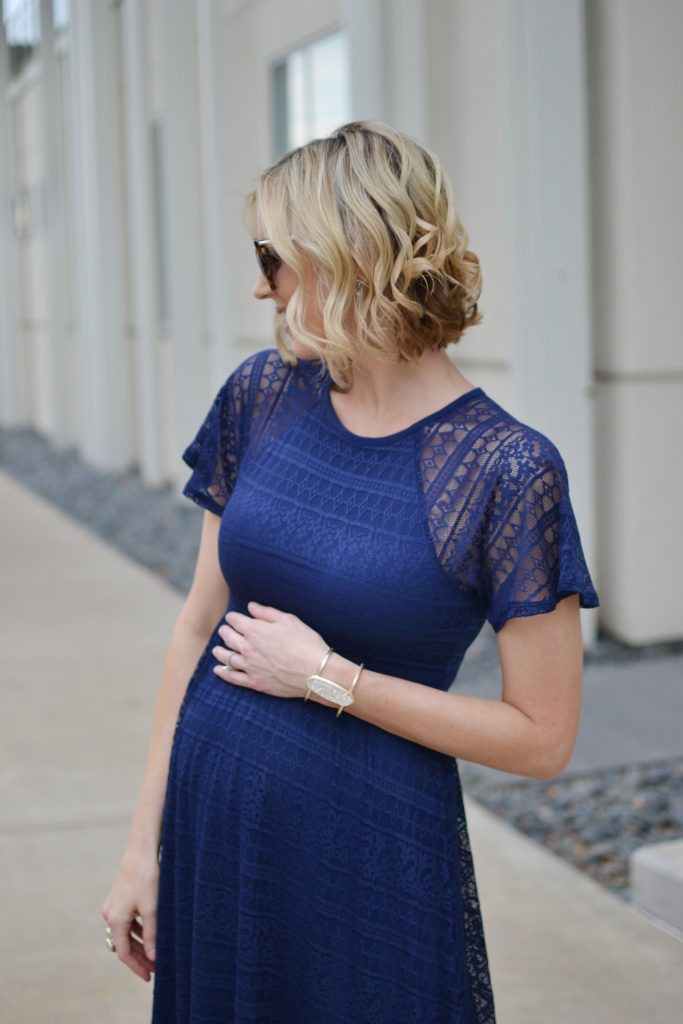 Asos navy lace maternity formal dress, rose gold mules, stylish maternity outfit