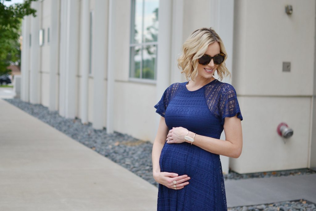 Asos navy lace maternity formal dress, rose gold mules, stylish maternity outfit