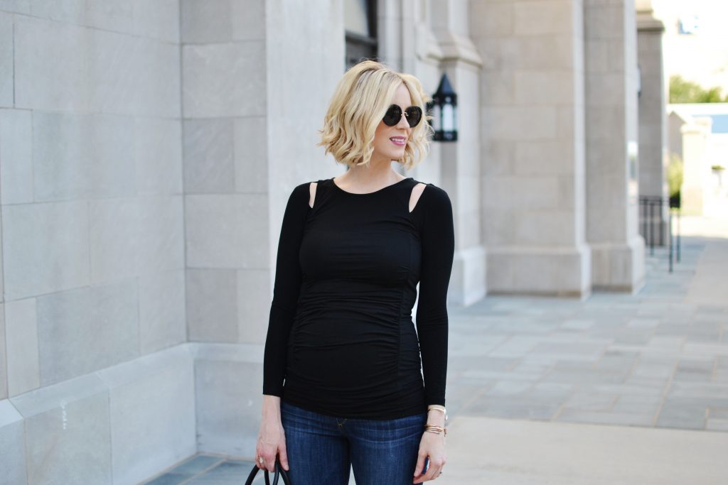 Isabella Oliver cut out shoulder top, kick flare jeans, cream ankle booties, fall maternity style