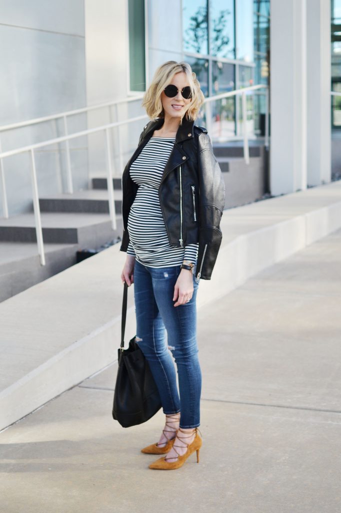 Isabella Oliver striped OTS maternity top, jeans, bucket bag, leather moto jacket