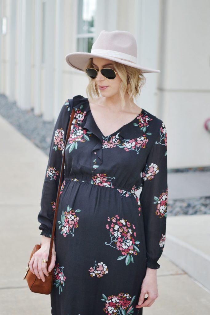 LOFT floral boho midi dress with hat, peep toe booties, and suede Rebecca Minkoff bag, maternity style, fall outfit