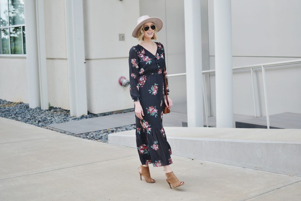 LOFT floral boho midi dress with hat, peep toe booties, and suede Rebecca Minkoff bag