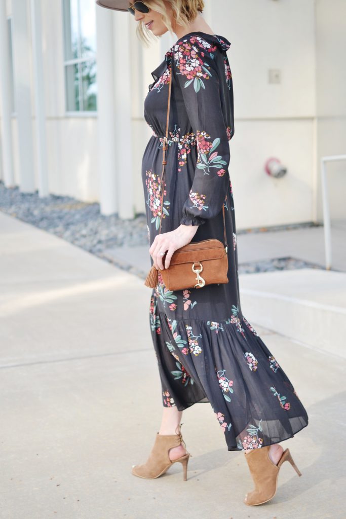 LOFT floral boho midi dress with hat, peep toe booties, and suede Rebecca Minkoff bag, maternity style, fall outfit