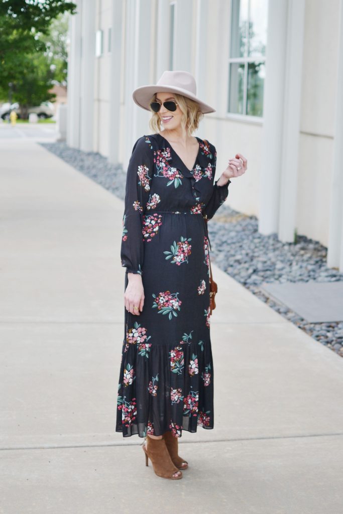 LOFT floral boho midi dress with hat, peep toe booties, and suede Rebecca Minkoff bag