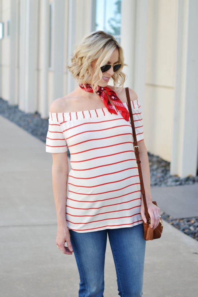striped ots top and jeans