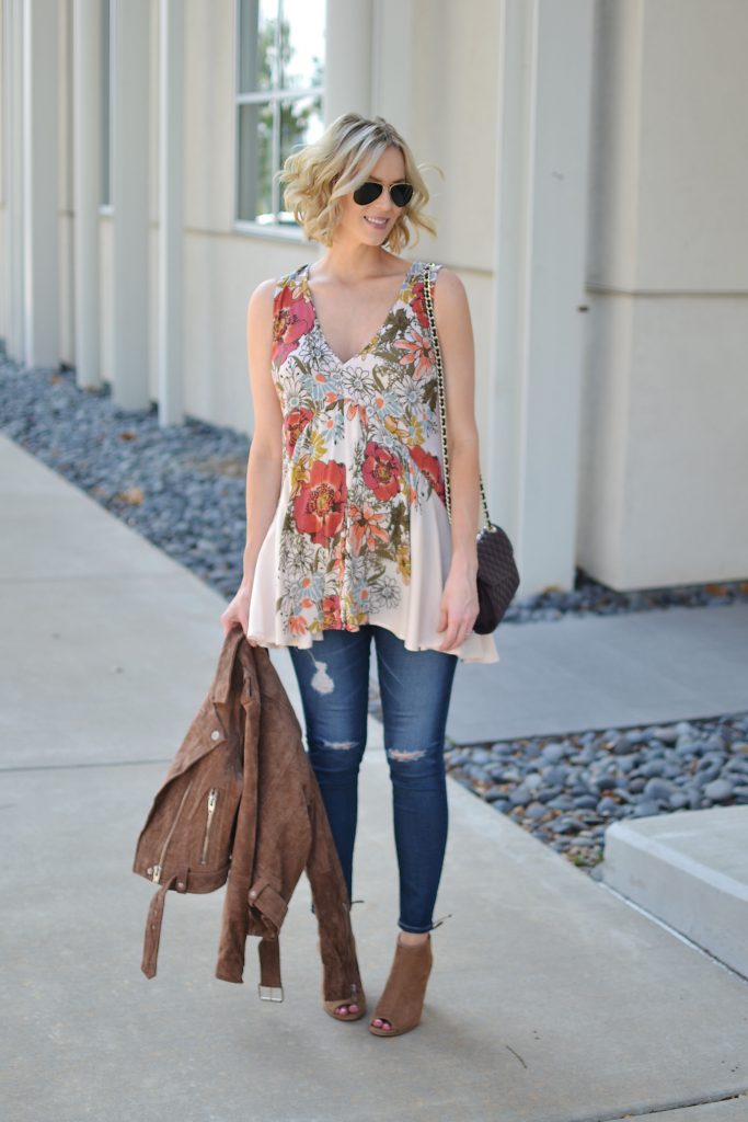 Free people floral tunic, suede jacket, distressed jeans, heeled ankle booties, stylish maternity outfit idea, fall outfit