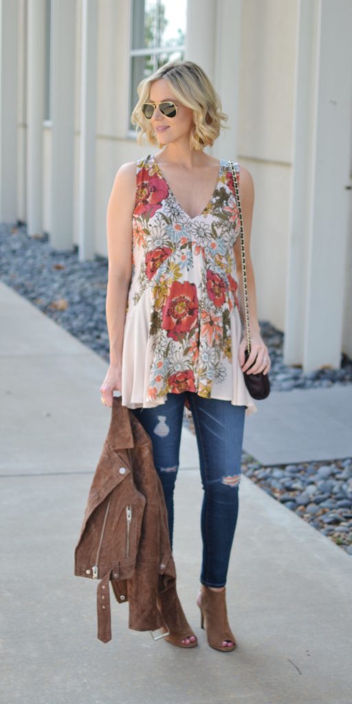 Free people floral tunic, suede jacket, distressed jeans, heeled ankle booties, stylish maternity outfit idea, fall outfit