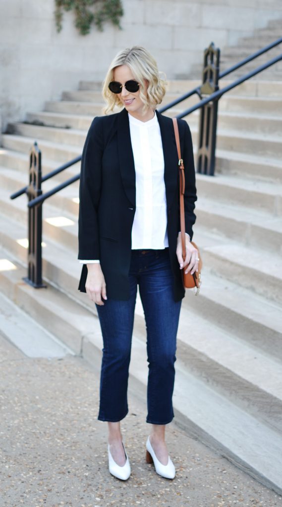 Madewell blazer, crop flares, white oxford, granny heels, Chloe dup bag, style maternity fashion, fall outfit