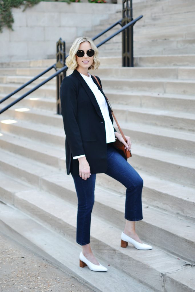 Madewell blazer, crop flares, white oxford, granny heels, Chloe dup bag, style maternity fashion, fall outfit