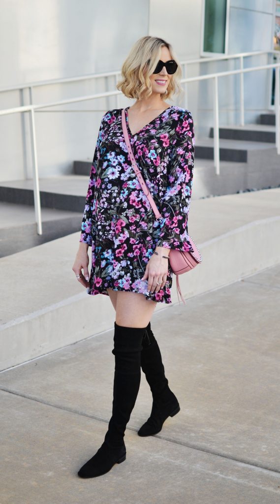 black floral shift dress, OKT boots, pink bag, stylish maternity outfit idea, fall outfit inspiration