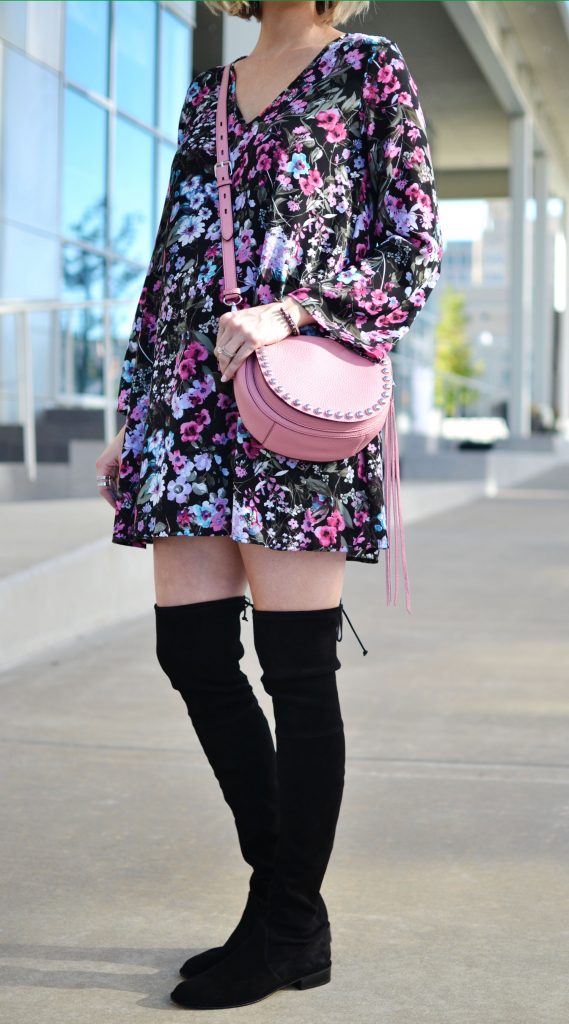 black floral shift dress, OKT boots, pink bag, stylish maternity outfit idea, fall outfit inspiration