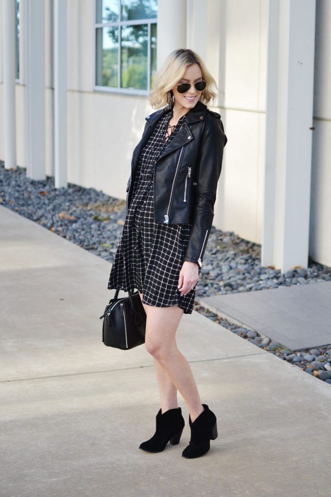 black lace up dress, black leather moto jacket, black ankle booties, all black, fall outfit, stylish maternity outfit