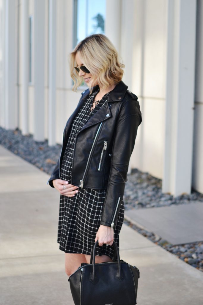 black lace up dress, black leather moto jacket, black ankle booties, all black, fall outfit, stylish maternity outfit