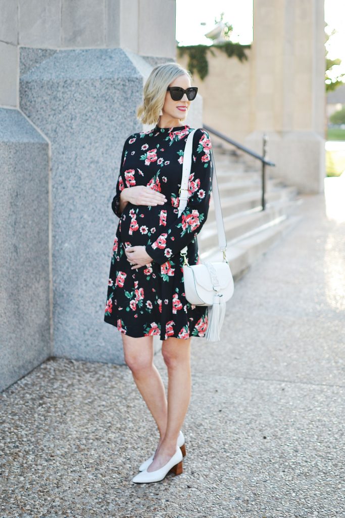 dark floral dress, white tassel bag, white granny heels, the perfect fall transition dress, stylish maternity outfit