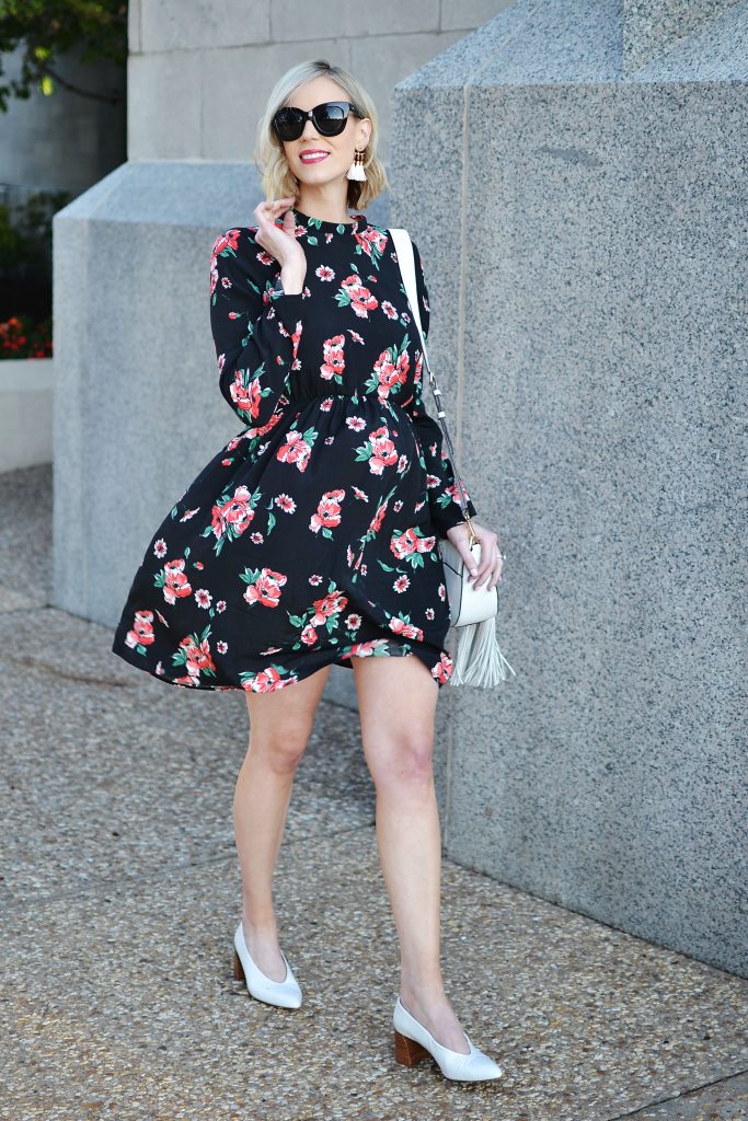 dark floral dress, white tassel bag, white granny heels, the perfect fall transition dress, stylish maternity outfit