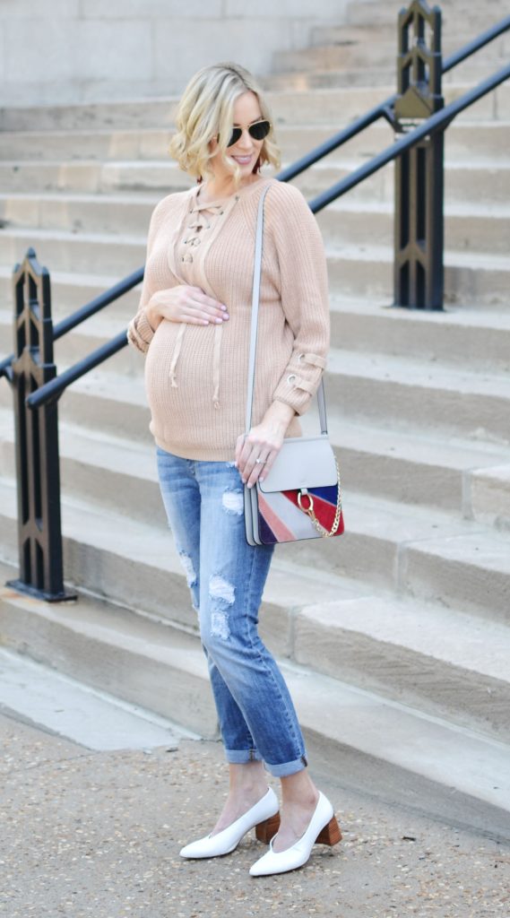 lace-up-sweater-distressed-denim-granny-heels-chloe-dup-bag-stylish-maternity-outfit-maternity-fashion