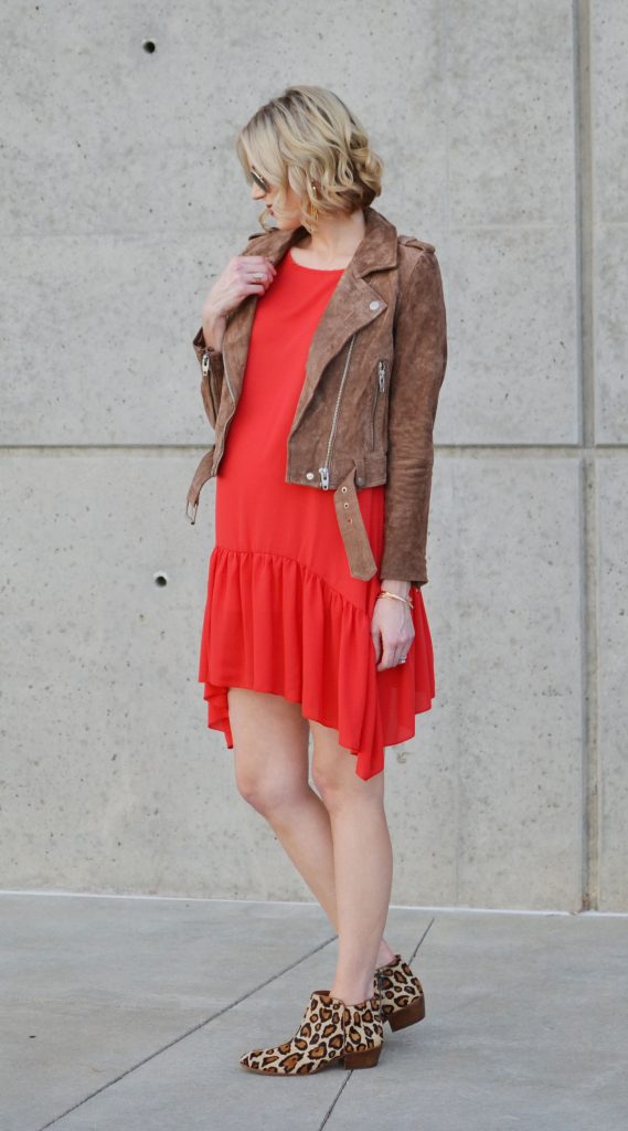 red drop waist dress, tan suede moto jacket, leopard ankle booties, stylish maternity outfit, maternity fashion