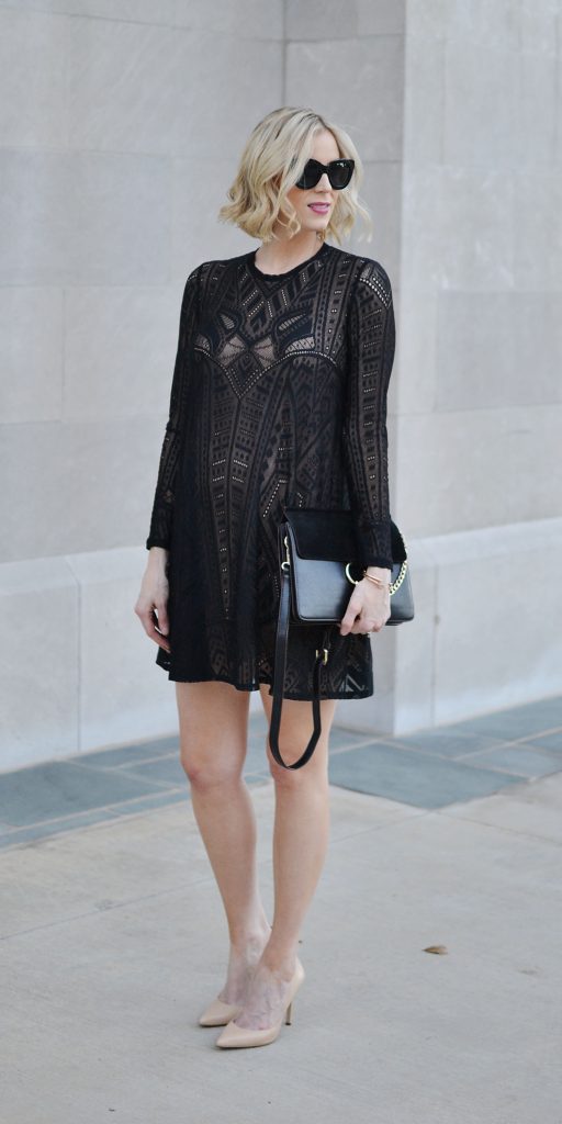 bcbc-long-sleeve-lace-dress, nude heels, chloe dupe bag, maternity date night idea, stylish maternity outfit