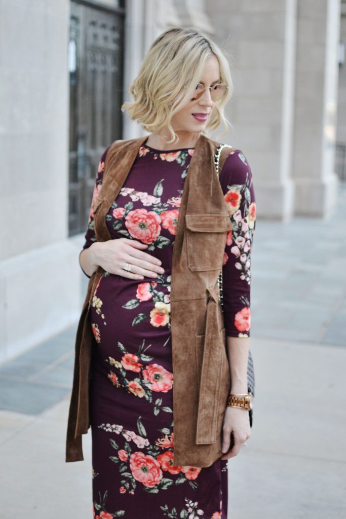burgundy floral dress, suede vest, fringe booties, stylish maternity outfit idea, fall outfit, dark florals