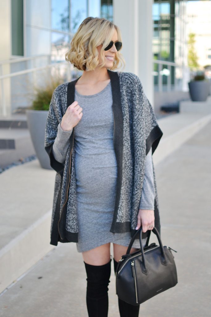 how to style a poncho, grey and black poncho, fitted dress, over the knee boots, stylish fall outfit, stylish maternity outfit, maternity fashion