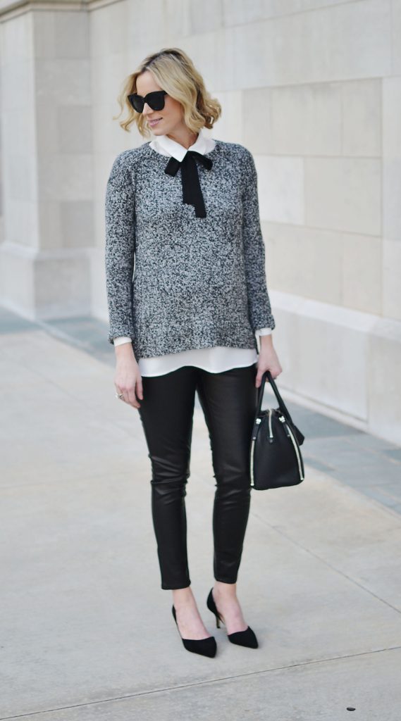grey sweater, bow blouse,, leather pants, stylish maternity outfit idea, fall outfit idea