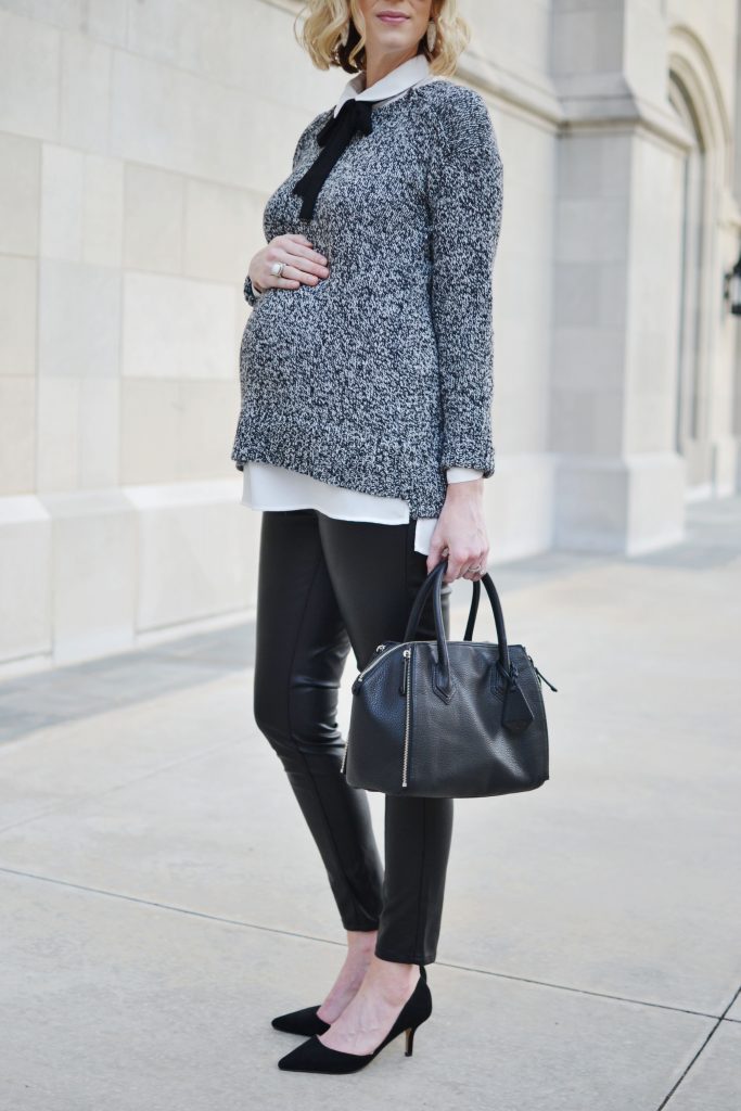 grey sweater, bow blouse,, leather pants, stylish maternity outfit idea, fall outfit idea