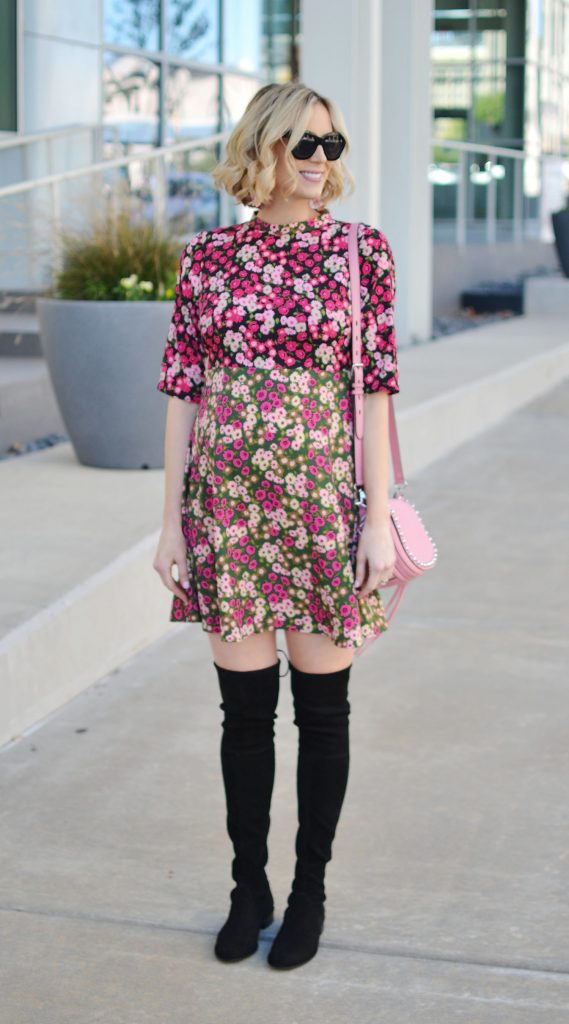 mixed print floral dress, over the knee boots, fall outfit idea, stylish maternity outfit
