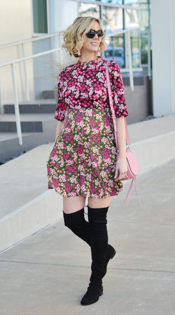 mixed print floral dress, over the knee boots, fall outfit idea, stylish maternity outfit