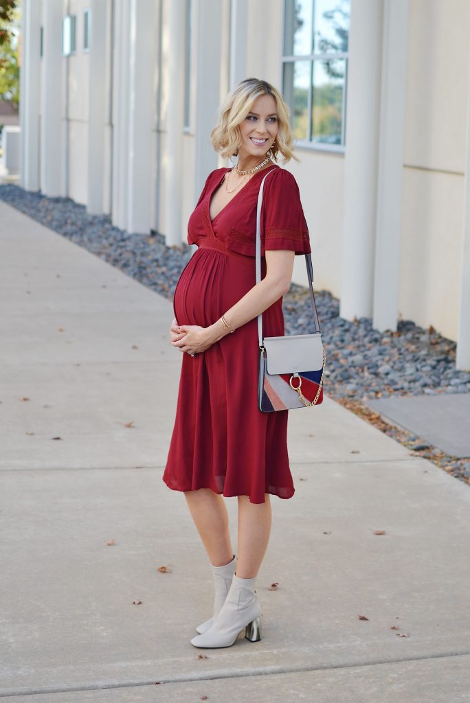 red kimono style dress, cream boots, Kendra Scott winter 2016 collection, stylish maternity outfit, maternity style