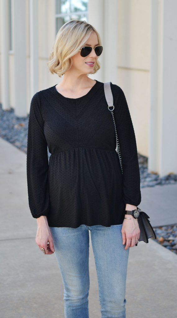 modern denim, black buckle boots, edgy maternity outfit, stylish maternity look, Gucci dup bag, black top