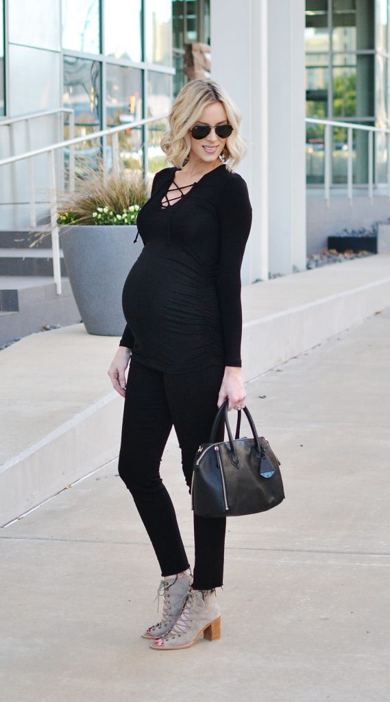 all black outfit, lace up top, black jeans, stylish maternity outfit, fall outfit idea