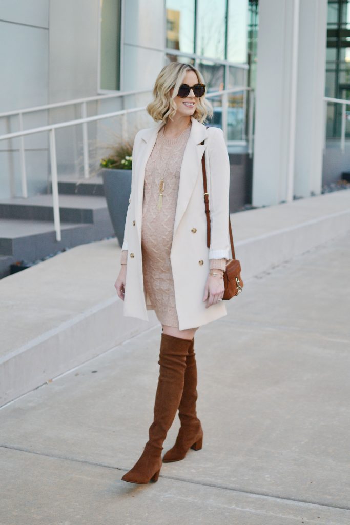 blush sweater dress, longline blazer, over the knee boots, how to style a sweater dress, neutrals, stylish maternity outfit idea, fall outfit