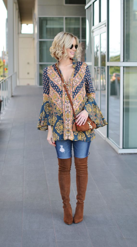 boho tunic top, distressed jeans, brown OTK boots, easy fall outfit, stylish maternity outfit