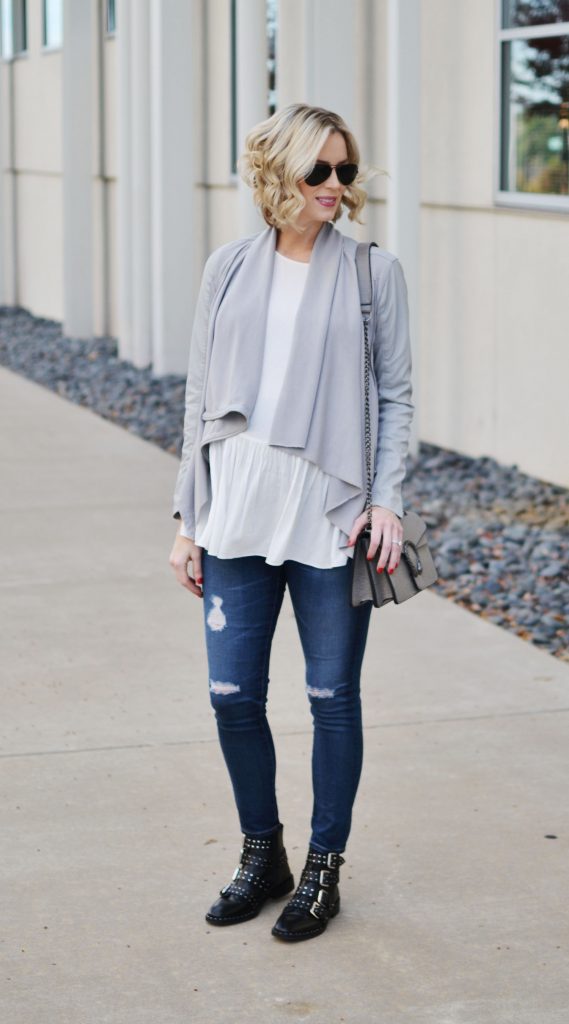 easy casual outfit, draped leather jacket, white blouse, distressed denim, boots, stylish maternity outfit