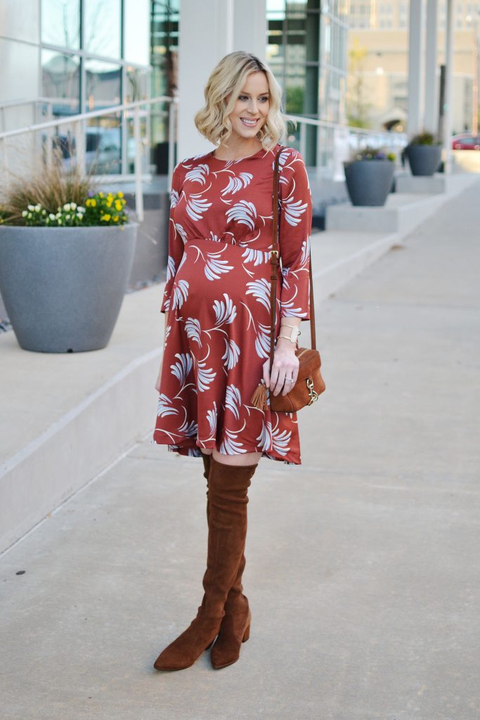 rust colored dress, brown over the knee boots, Glo minerals makeup, holiday giveaway, stylish maternity outfit idea, fall outfit idea