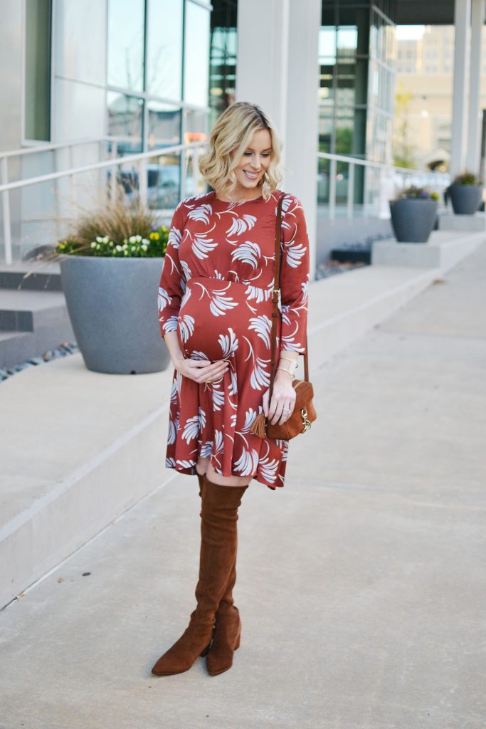 rust colored dress, brown over the knee boots, Glo minerals makeup, holiday giveaway, stylish maternity outfit idea, fall outfit idea
