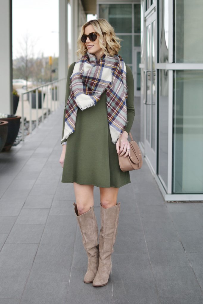 olive green swing dress, tall suede boots, plaid blanket scarf, holiday giveaway