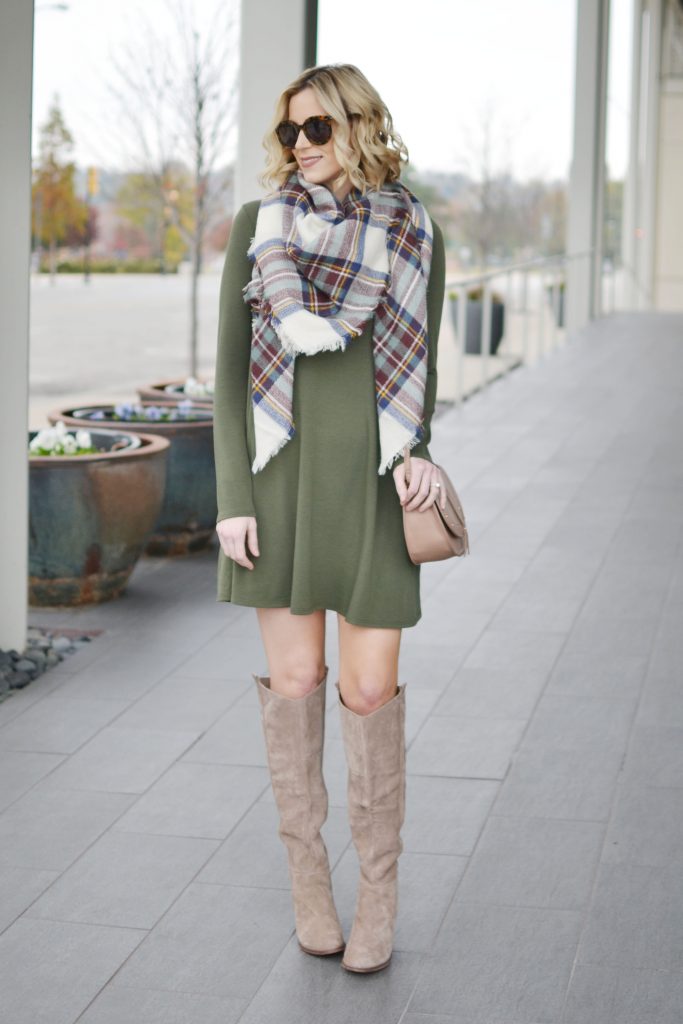 olive green swing dress, tall suede boots, plaid blanket scarf, holiday giveaway