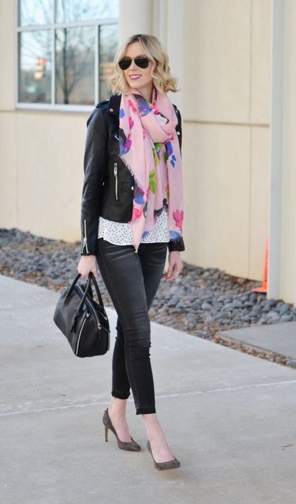 how to make an outfit your own, polka dot peplum top, pink floral scarf, moto jacket, black jeans