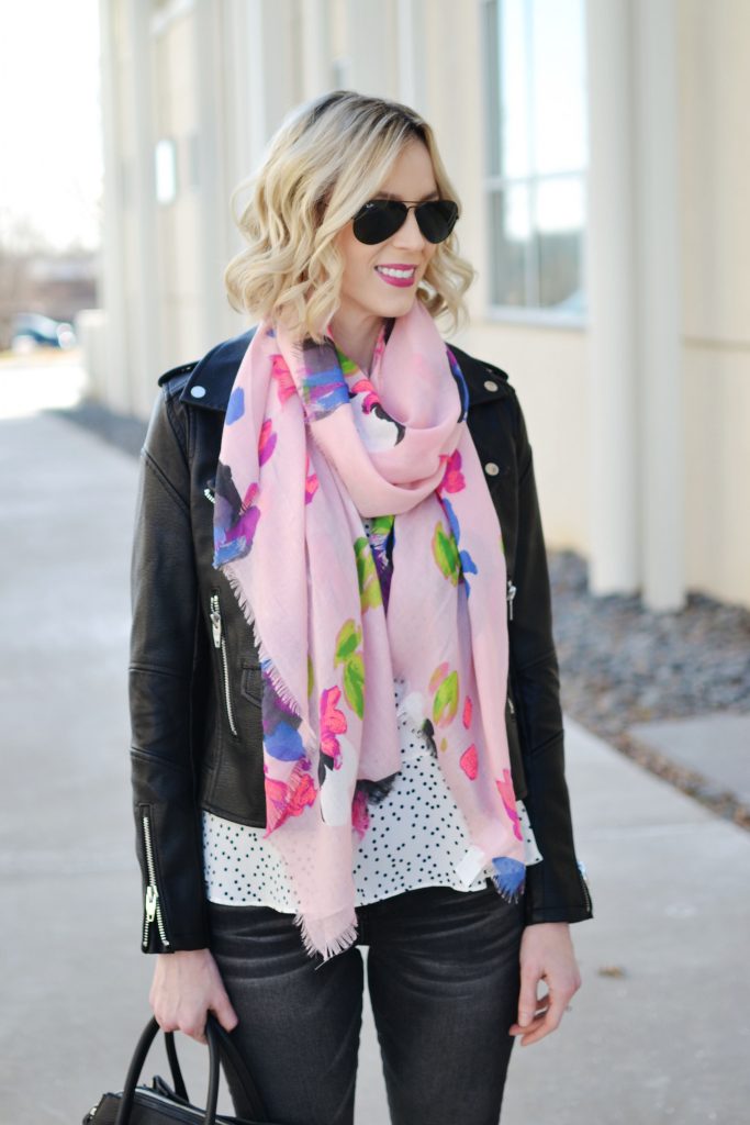 how to make an outfit your own, polka dot peplum top, pink floral scarf, moto jacket, black jeans