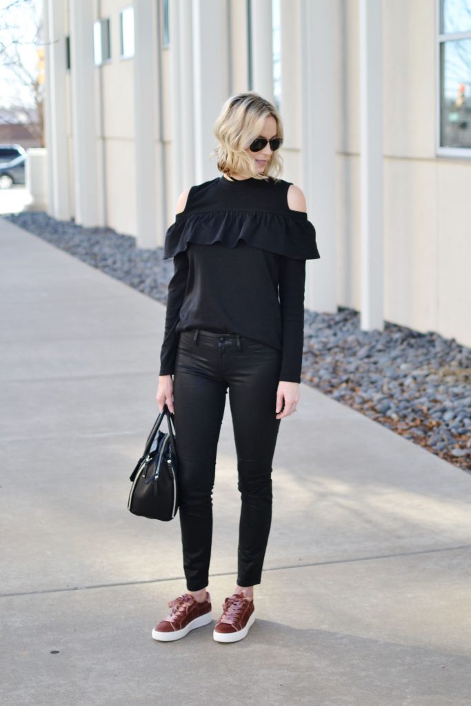 how to wear all black, coated black jeans, cold shoulder top, blush velvet sneakers