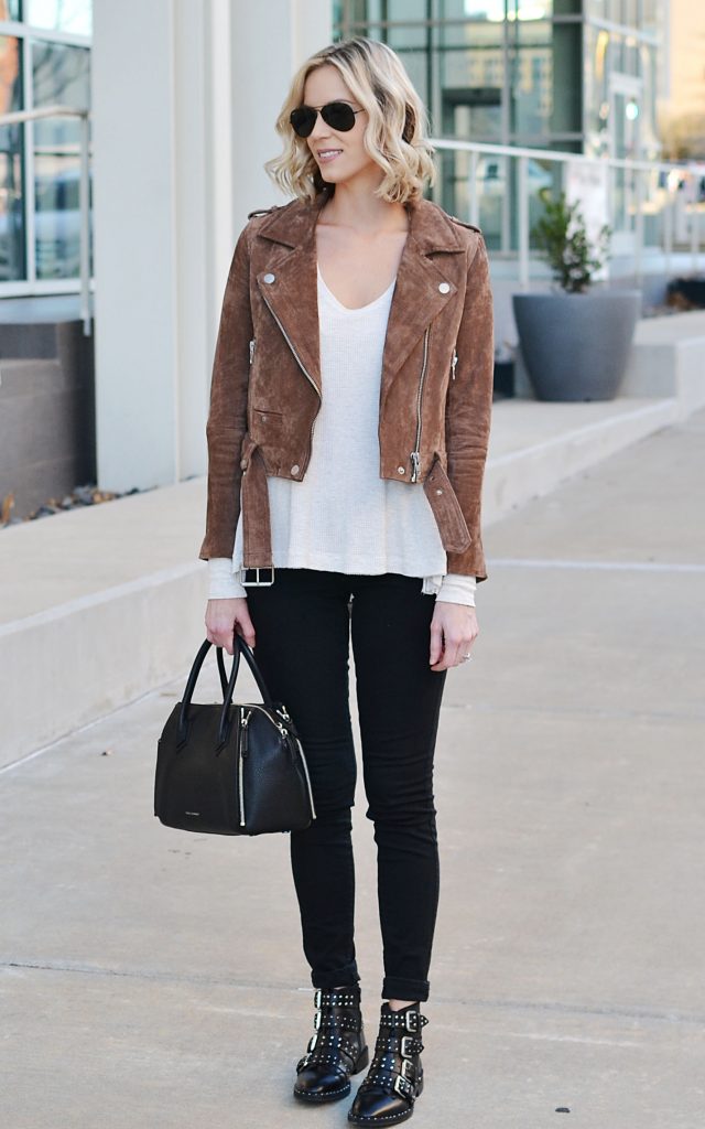 my favorite pieces - black jeans, suede moto, thermal, buckle booties, easy casual outfit